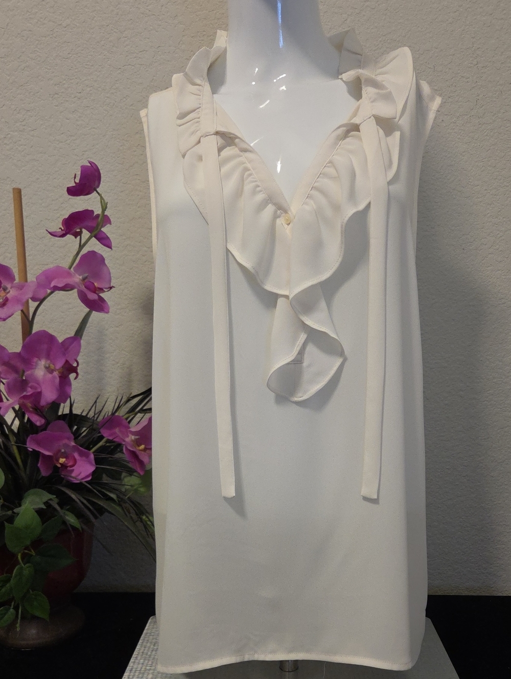 LOFT Cream Ruffle V-Neck Tie-Detail Sleeveless Top